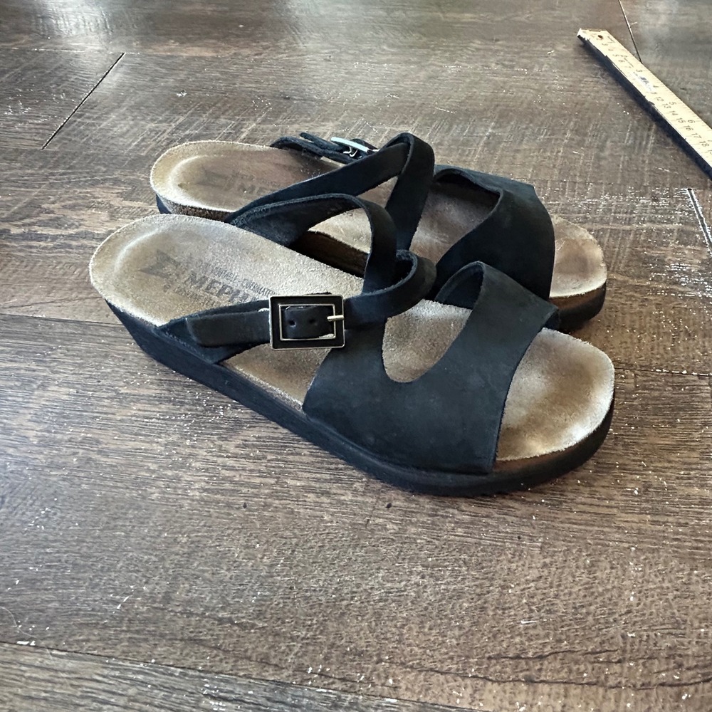 Mephisto Hannel Black Nubuck Leather Cork Footbed Slide Sandals Womens 38